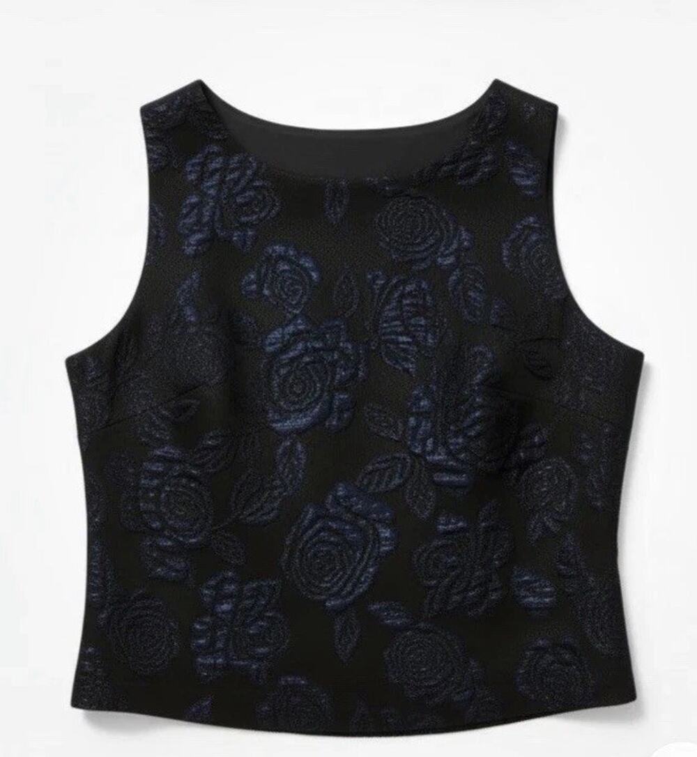 Muse Womens Top Size 16 Black Blue Metallic Rose Sleeveless Textured Side Zip